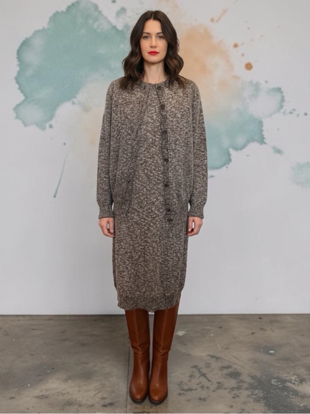 Gucci Marled Taupe-Brown Knit Button-Front Midi Dress